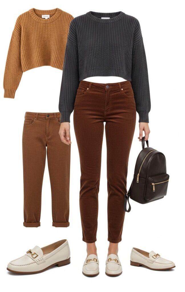23 Stylish Loafer Outfits for Effortless Elegance 16 Cropped Sweater and Corduroy Pants