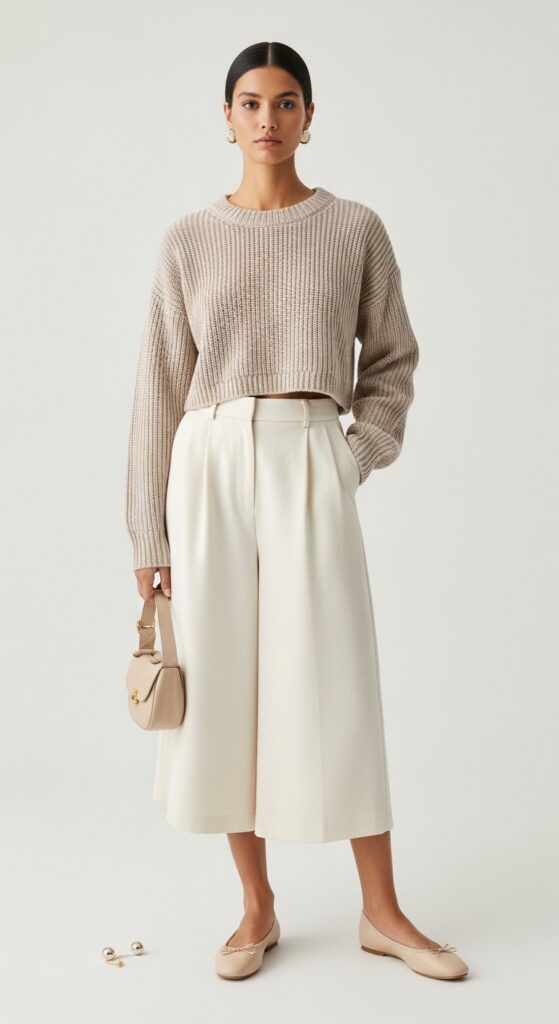 21 Feminine Ballet Flat Outfits for Classic and Modern Looks 12 Cropped Sweater and Culottes