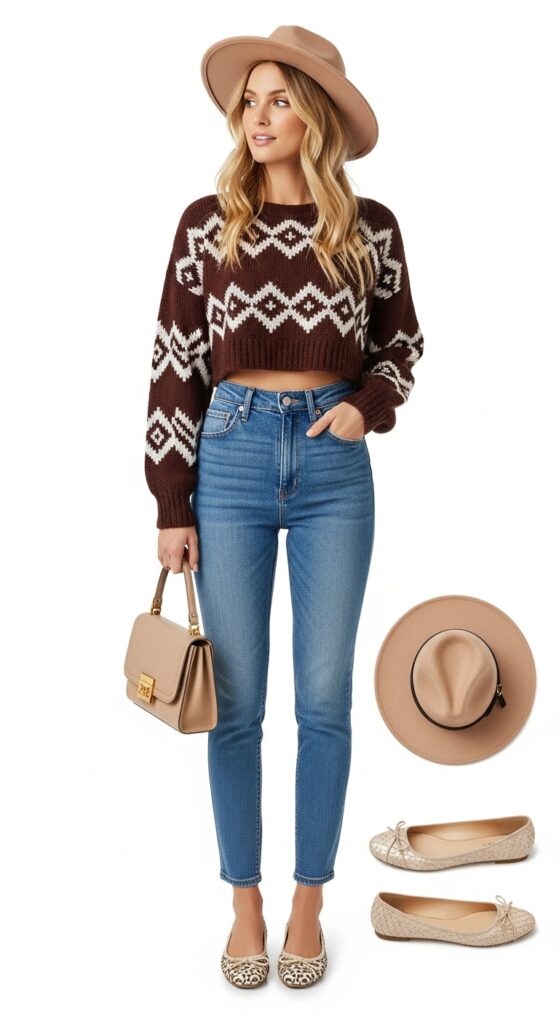 20 Stylish Flat Shoe Outfits to Inspire Your Wardrobe 13 Cropped Sweater and High-Waisted Jeans