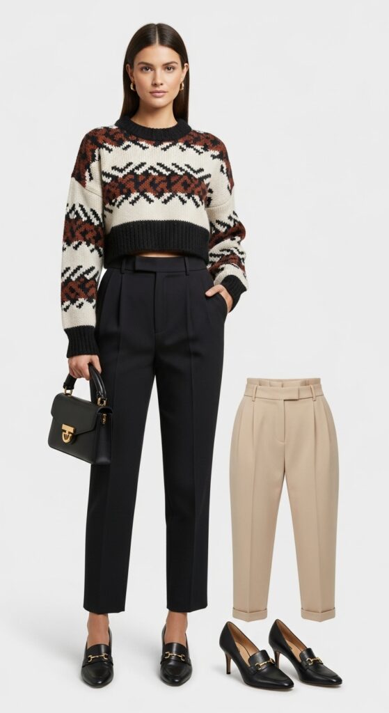 20 Cozy and Chic Sweater Outfit Ideas You’ll Want to Wear All Season Long 22 Cropped Sweater and High-Waisted Trousers