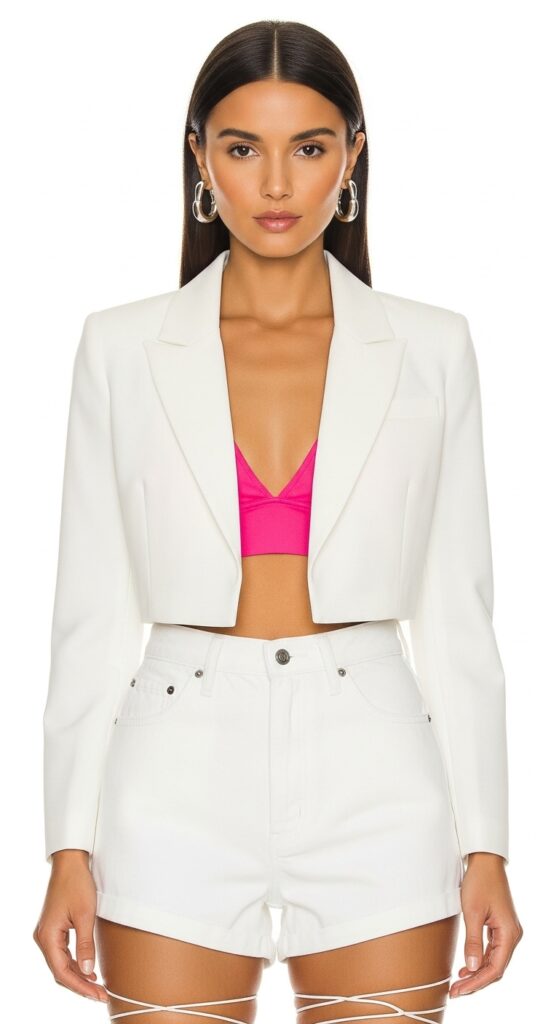 20 Chic White Blazer Outfits to Elevate Your Style 4 Cropped White Blazer with High-Waisted Shorts