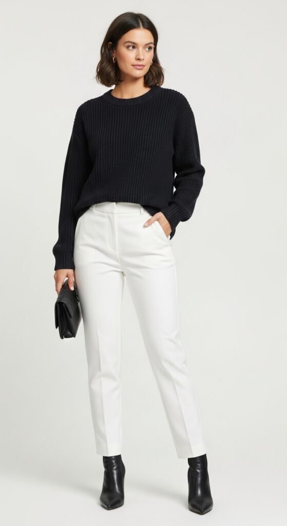 22 Chic Knitted Sweater Outfit Ideas You Need to Try 18 Dark Long-Sleeve Sweater + White Pants