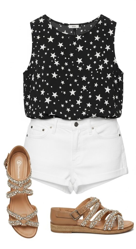 22 Stylish White Shorts Outfit Ideas You’ll Love This Summer 14 Dark Star Print Sleeveless Top and White Denim Shorts