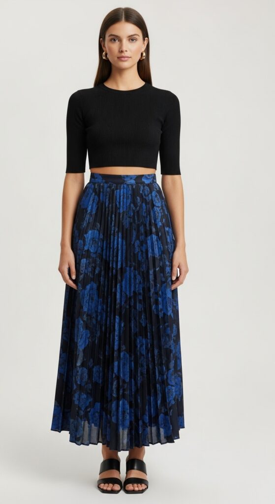 28 Pleated Skirt Outfits to Nail Effortless Chic 16 Date Night Glow Black Crop Top & Blue Floral Maxi
