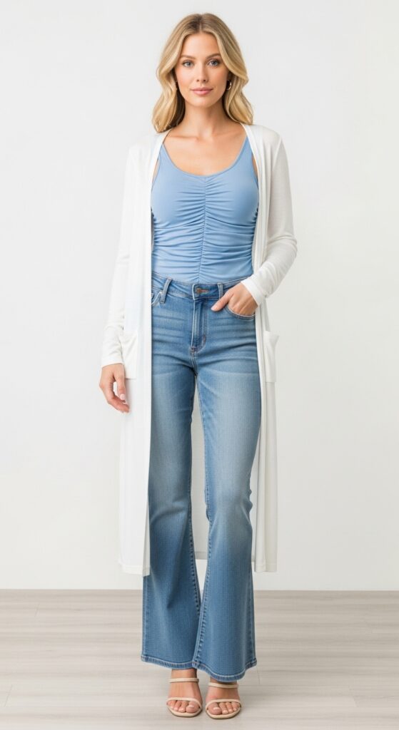 18 Flare Jeans Outfits for U.S. Women in 2025 14 Date Night Glow Blue Ruched Tank & Light Wash Flares