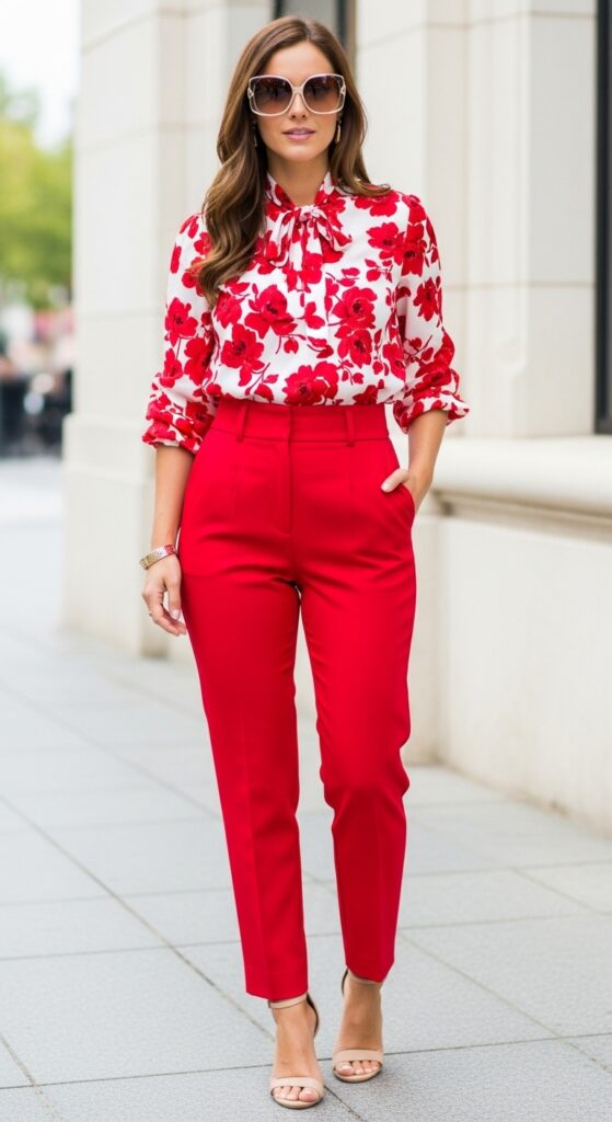 19 Red Pants Outfits to Ignite Your Style 14 Date Night Glow Floral Blouse & Red High-Waisted Trousers