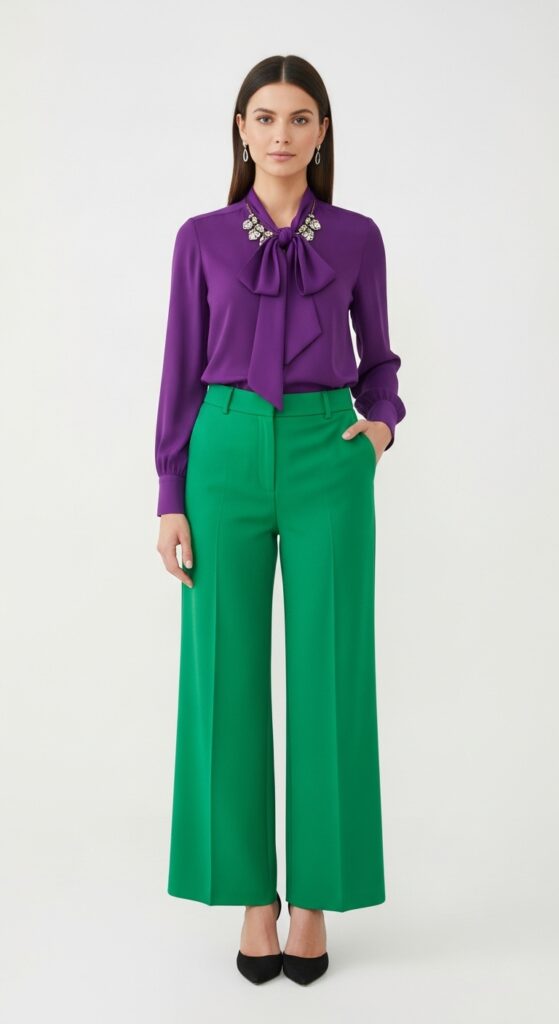 20 Green Pants Outfits to Elevate Your Style 15 Date Night Glow Purple Pussy-Bow Blouse & Bright Green Pants