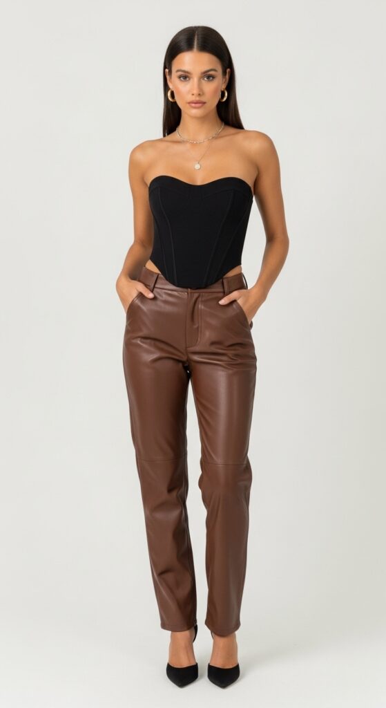 20 Leather Pants Outfits to Slay Every Occasion 14 Date Night Glow Strapless Corset & Brown Leather Pants