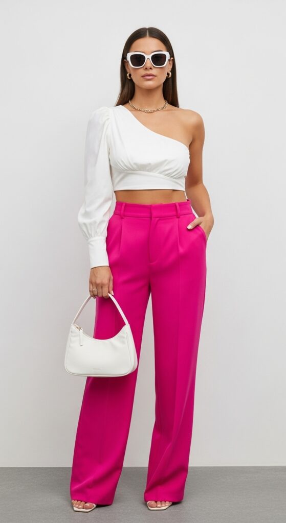 25 Pink Pants Outfits to Steal the Spotlight 15 Date Night Glow White One-Shoulder Top & Bright Pink Trousers