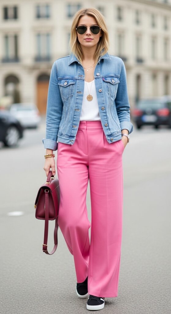 25 Pink Pants Outfits to Steal the Spotlight 26 Denim Days Light Wash Jacket & Pink Trousers