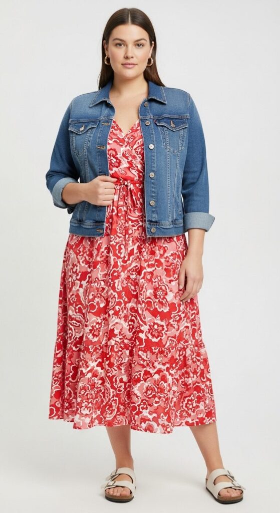 7 Plus Size Early Spring Outfits Your Wardrobe Must Have 6 Denim Jacket & Midi Dress