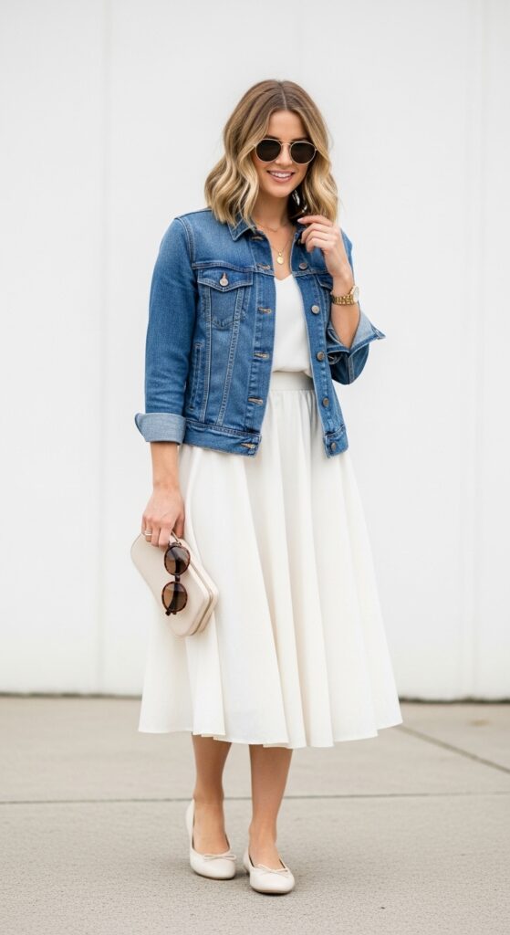 21 Feminine Ballet Flat Outfits for Classic and Modern Looks 9 Denim Jacket and A-Line Skirt