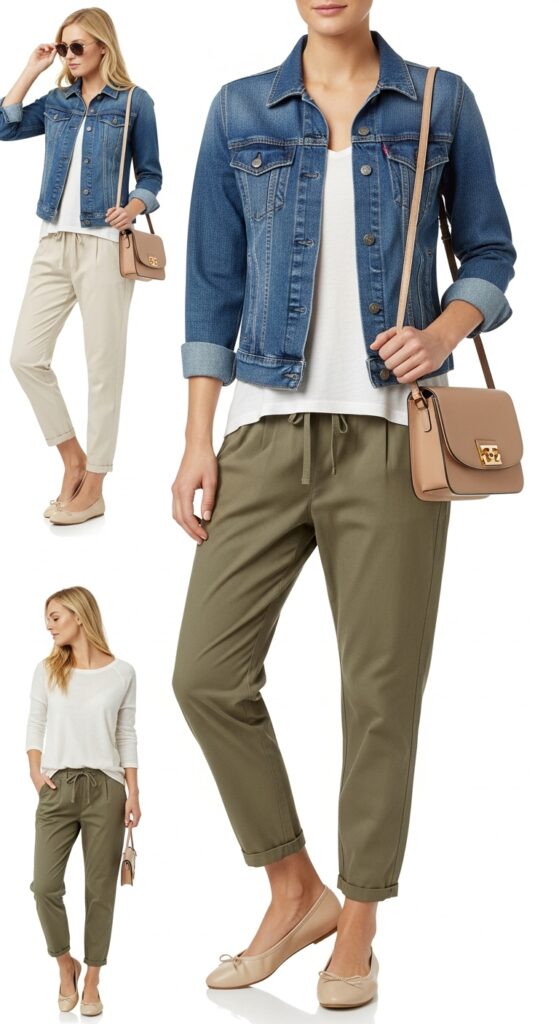 9 Cool Parachute Pants Outfits for Effortless Style with Chic Season Style 11 Denim Jacket and Ballet Flats