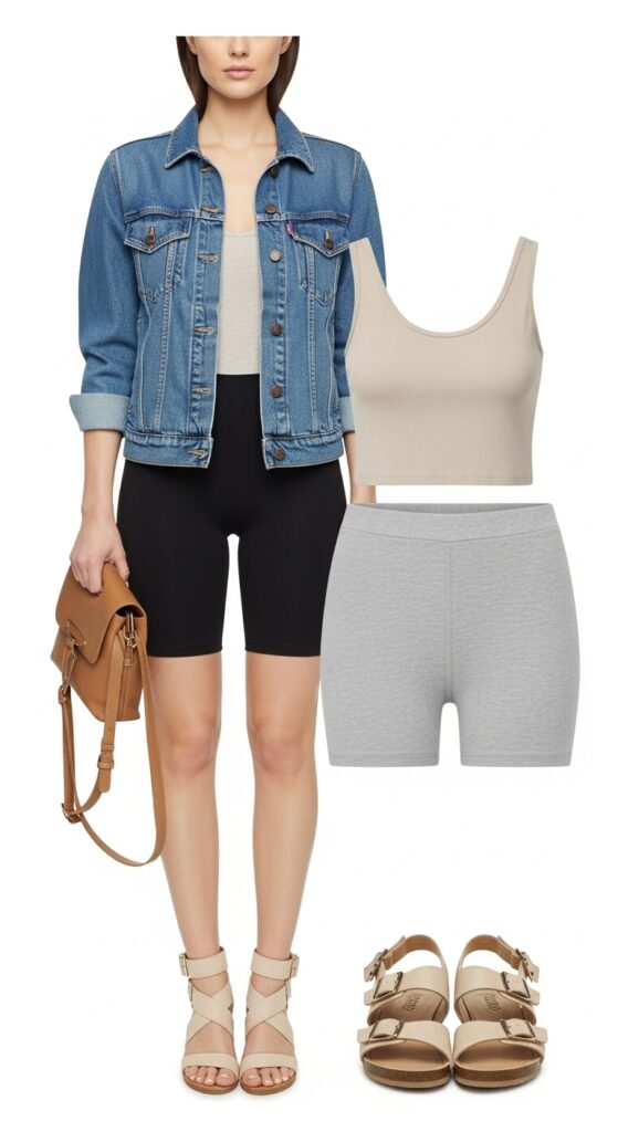 20 Stylish Biker Shorts Outfits That'll Make You Feel Effortlessly Chic 9 Denim Jacket and Biker Shorts