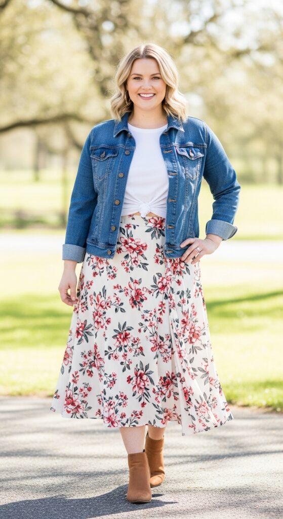 Denim Jacket and Floral Skirt Casual with a Touch of Elegance