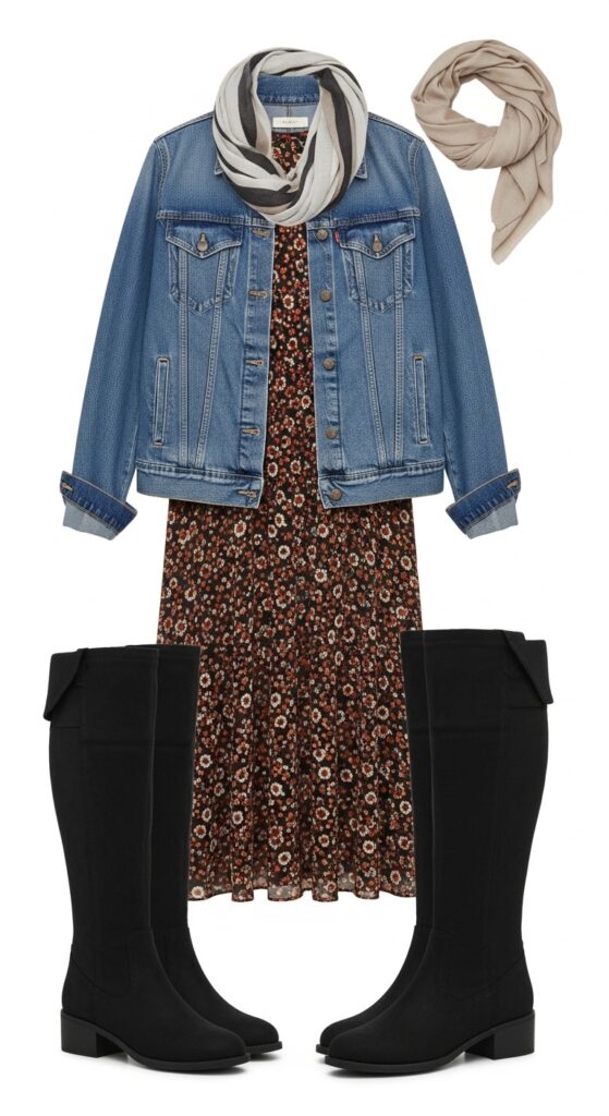 16 Trendy Knee-High Boot Outfits to Shine in Any Setting 5 Denim Jacket and Midi Dress