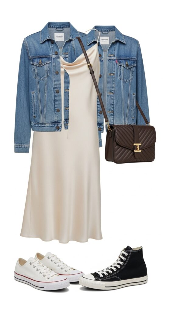 24 Trendy Converse Sneaker Outfits for Every Vibe 3 Denim Jacket and Slip Dress