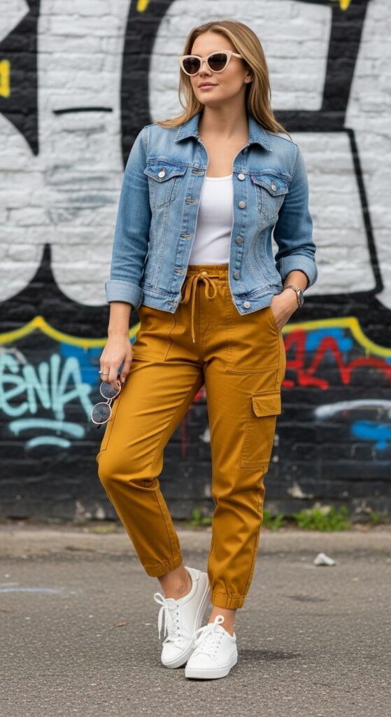 9 Bold Mustard Pants Outfits to Elevate Your Style with Chic Season Style 6 Denim Jacket and Sneakers for Casual Cool