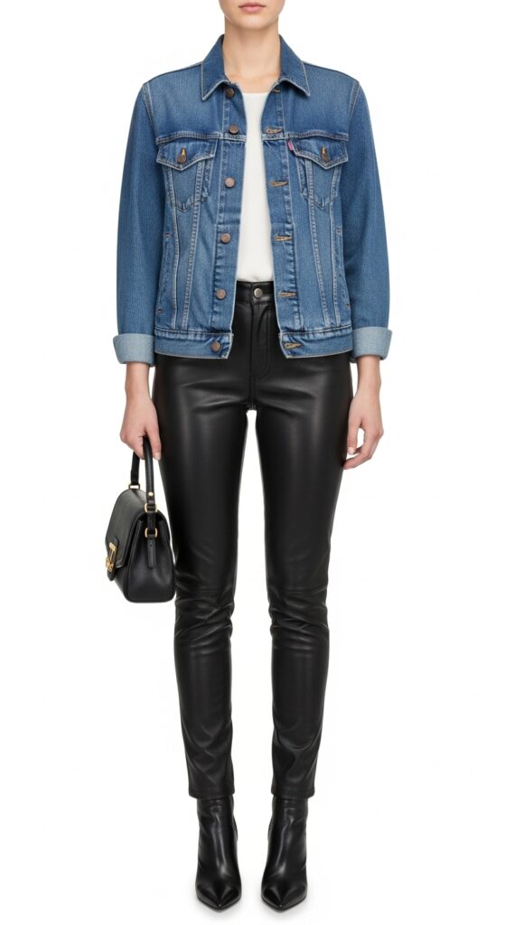 18 Chic and Fresh Jean Jacket Outfits to Elevate Your Wardrobe 7 Denim Jacket with Leather Pants