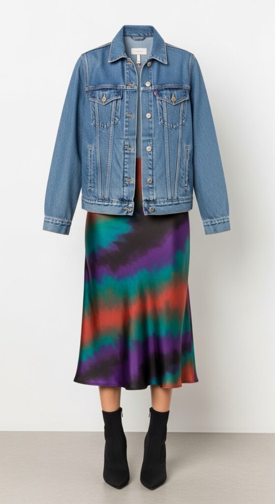 18 Chic and Fresh Jean Jacket Outfits to Elevate Your Wardrobe 10 Denim Jacket with Satin Skirt