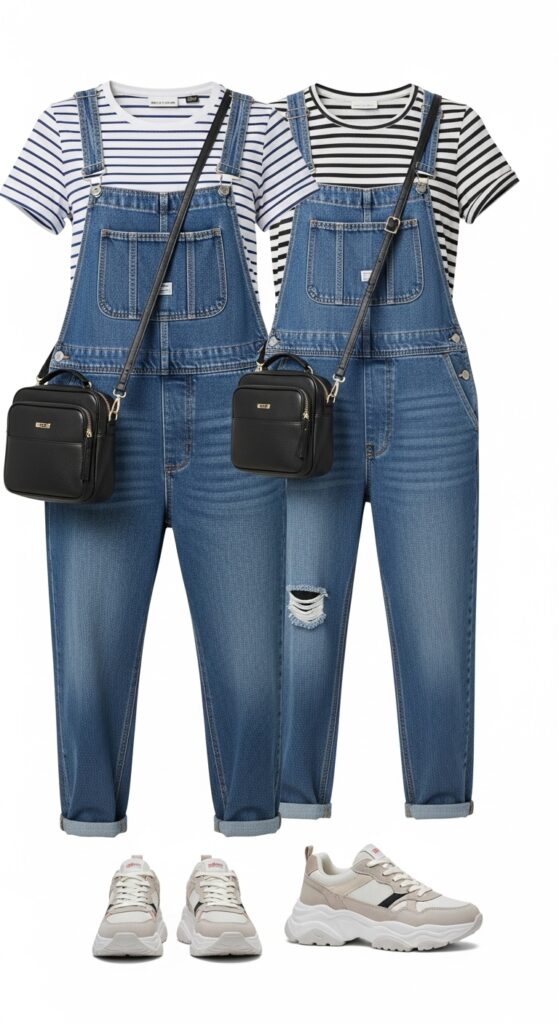 20 Bold Chunky Sneaker Outfits for a Standout Look 14 Denim Overall and Striped Tee