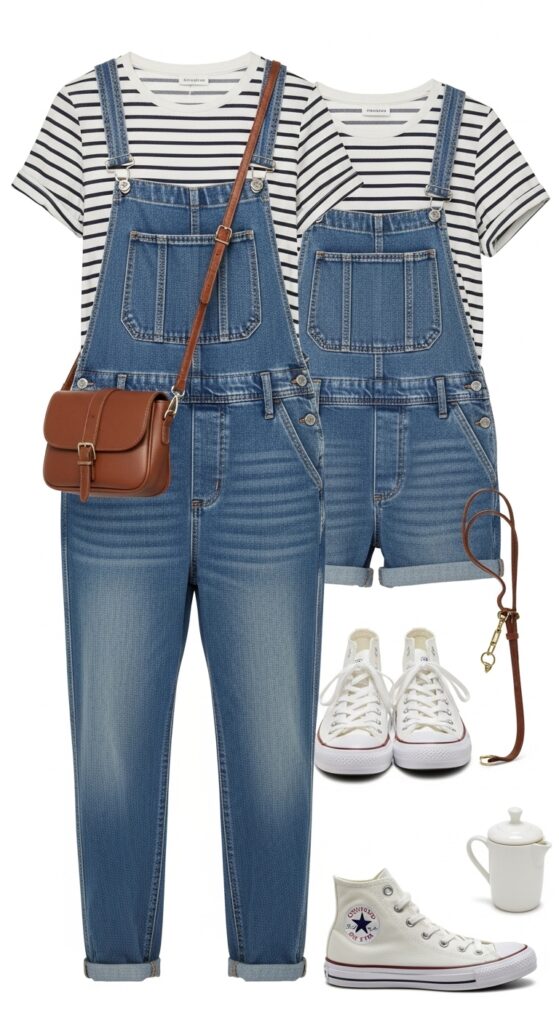 24 Trendy Converse Sneaker Outfits for Every Vibe 18 Denim Overall and Striped Tee