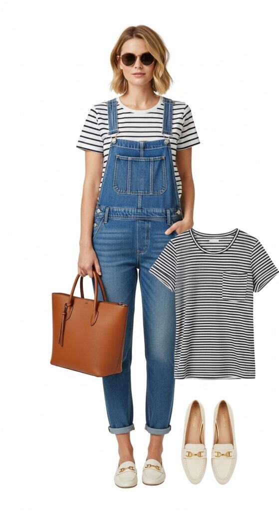 23 Stylish Loafer Outfits for Effortless Elegance 19 Denim Overall and Striped Tee