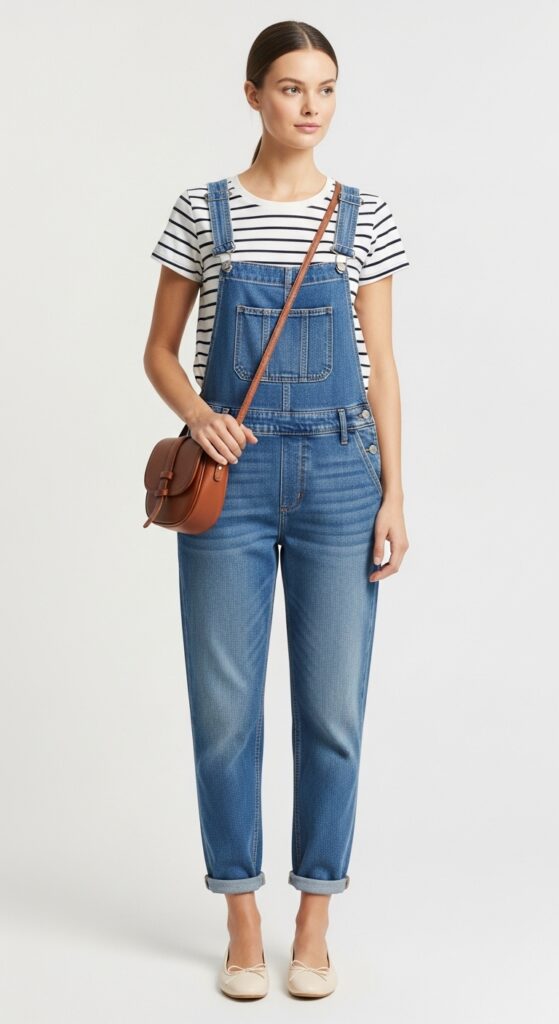 21 Feminine Ballet Flat Outfits for Classic and Modern Looks 22 Denim Overall and Striped Tee