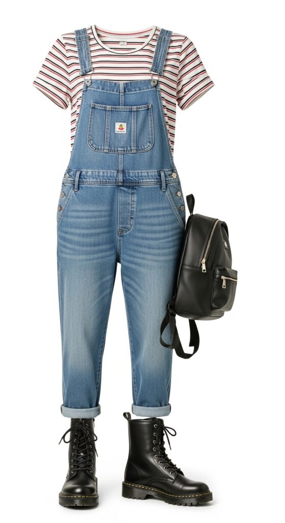 18 Bold Combat Boot Outfits to Slay Your Style This Season 15 Denim Overall and Striped Tee