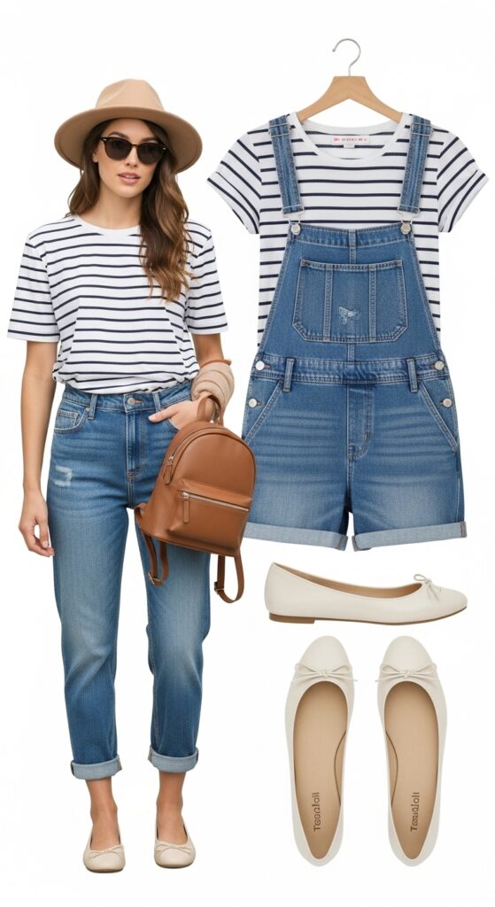 20 Stylish Flat Shoe Outfits to Inspire Your Wardrobe 19 Denim Overall and Striped Tee