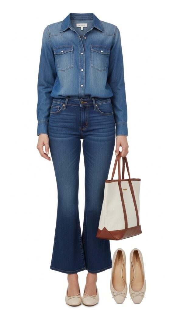 15 Chic Flare Pants Outfits to Elevate Your Wardrobe with Chic Season Style 9 Denim Shirt and Ballet Flats