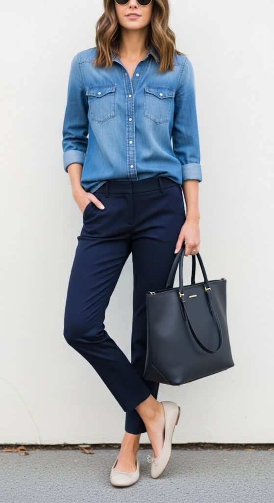 15 Stylish Navy Pants Outfits for Effortless Elegance 9 Denim Shirt and Ballet Flats