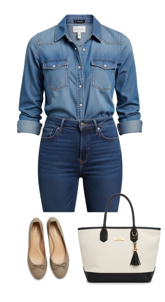 8 Stylish Outfits to Pair with Dark Wash Jeans for a Bold Look 9 Denim Shirt and Ballet Flats