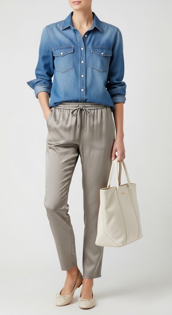 12 Glamorous Satin Pants Outfits for Timeless Style with Chic Season Style 9 Denim Shirt and Ballet Flats