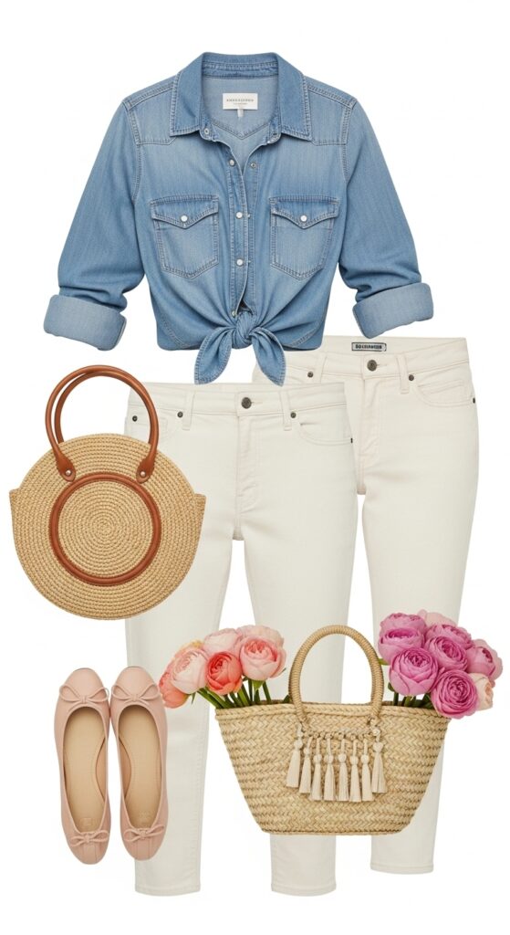 10 Chic Cream Jeans Outfits to Inspire Your Wardrobe with Chic Season Style 9 Denim Shirt and Ballet Flats for Effortless Chic
