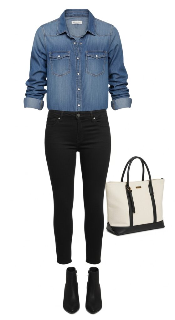 Denim Shirt and Black Jeans