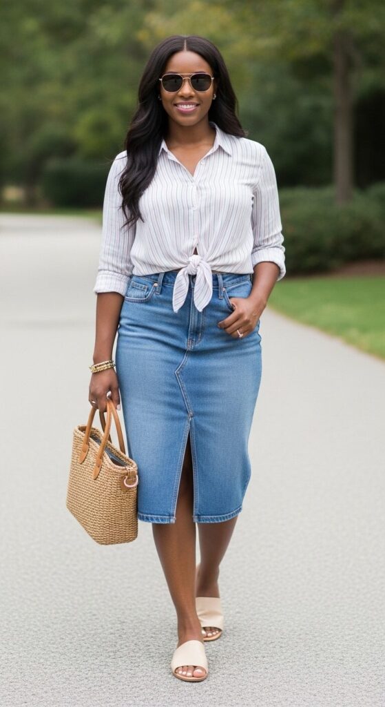 Denim Skirt & Button-Up Shirt