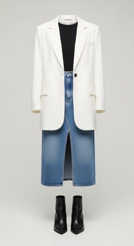 20 Chic White Blazer Outfits to Elevate Your Style 15 Denim Skirt and Ankle Boots