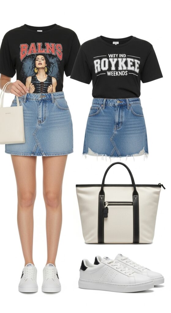 15 Chic White Sneaker Outfits to Elevate Your Everyday Style 10 Denim Skirt and Graphic Tee