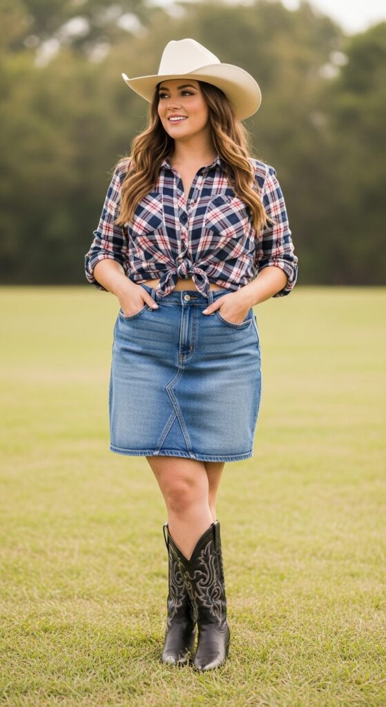 Denim Skirt and Plaid Shirt Combo