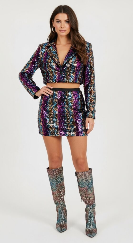 18 Stunning Sequin Skirt Outfits for U.S. Women in 2025 18 Disco Queen Multicolored Sequin Set & Boots