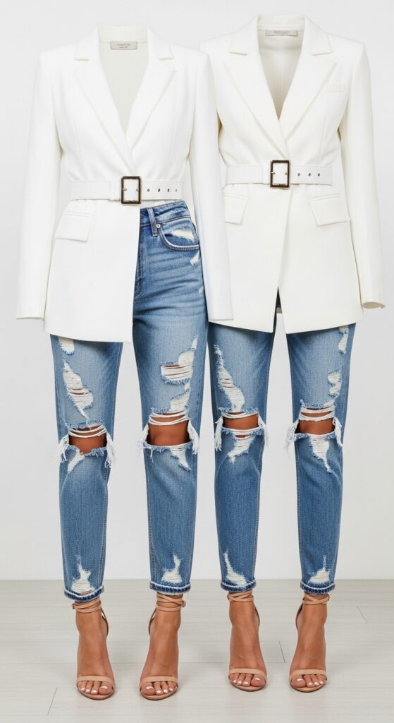 20 Chic White Blazer Outfits to Elevate Your Style 16 Distressed Jeans and Nude Heels