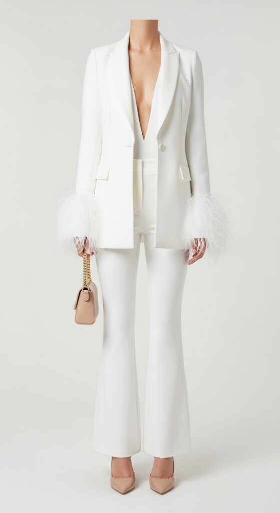 20 Chic White Blazer Outfits to Elevate Your Style 12 Dramatic Feather Sleeves