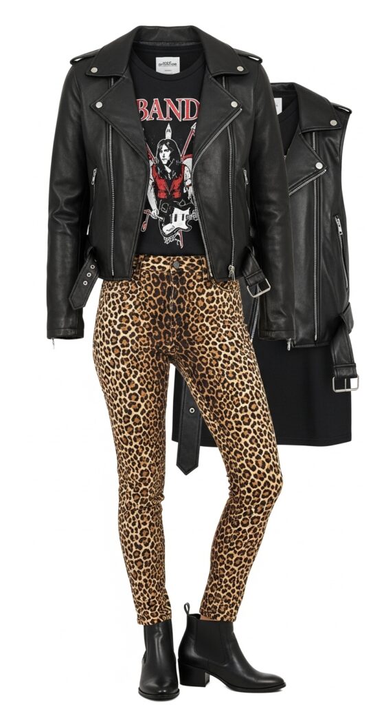 Edgy Leather Jacket + Classic Band Tee + Leopard Print Pants