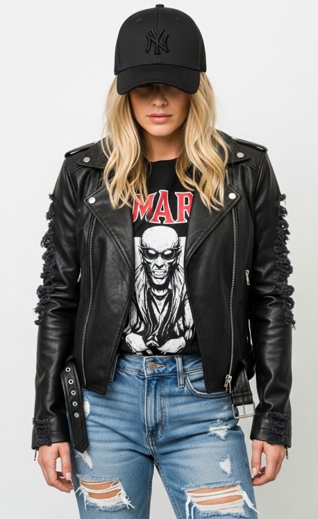 Edgy Leather Jacket & Distressed Denim