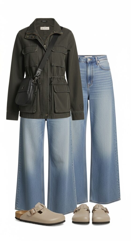 23 Spring Outfits for 2025 That Will Refresh Your Wardrobe 14 Edgy Utility Jacket and Wide-Leg Jeans