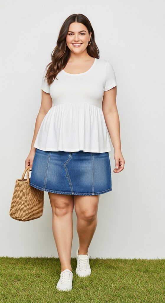 12 Plus-Size Summer Outfits That Flatter Your Curves and Tummy 12 Empire Waist Top and Denim Skirt Casual and Fun