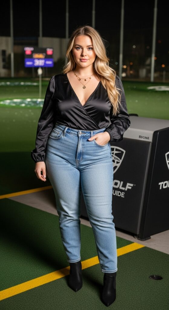 Evening Glam Black Satin Bodysuit & Jeans