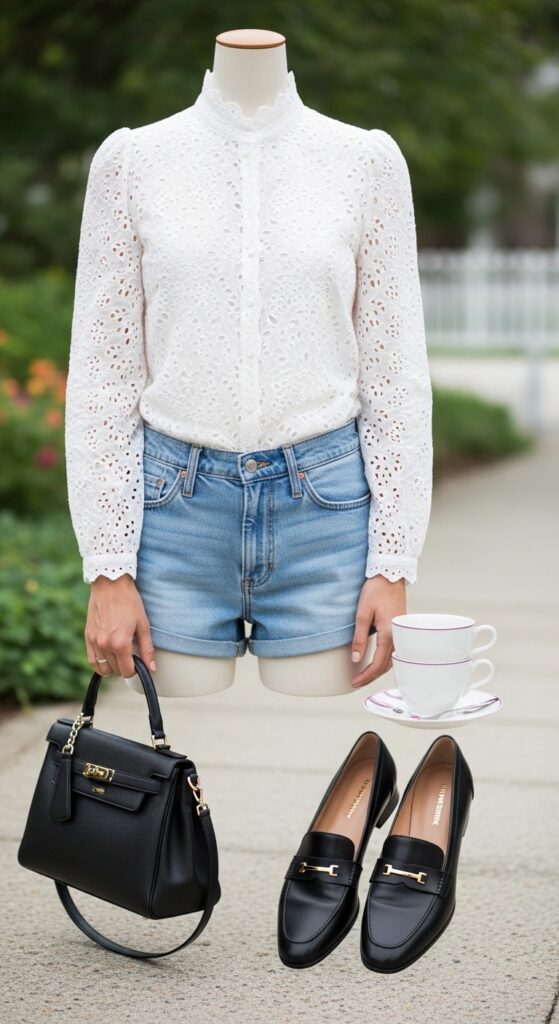 21 Stylish Denim Shorts Outfit Ideas 11 Eyelet Blouse and Loafers
