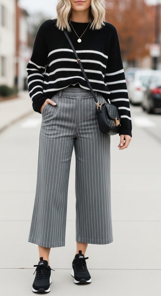 Fall Brunch Black Striped Sweater & Gray Pinstripe Pants